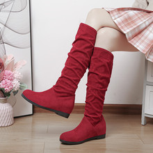 高筒靴子女彈力靴平跟內增高套筒紅色外貿跨境女式騎士靴34-43碼