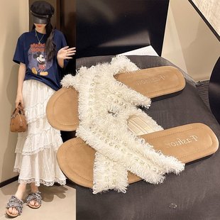 Tweed Style Cross Rag Slip-On Women's Summer 2025 New Super Hot Flat Beach Sandals Worn with Skirts