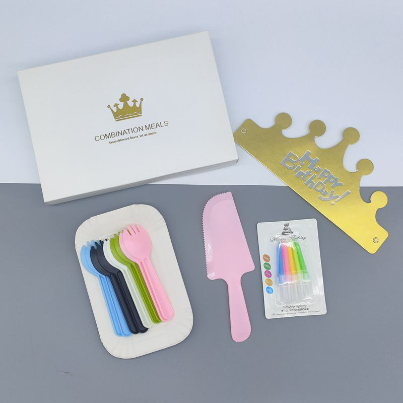 New High-End Birthday Cake Baking Disposable Paper Plate Cutlery Set Dinner Plate Combination Boxed Tableware Five-In-One