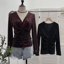 T01 实拍亮片V领长袖上衣褶皱弹力显瘦烫金打底衫T恤女2535