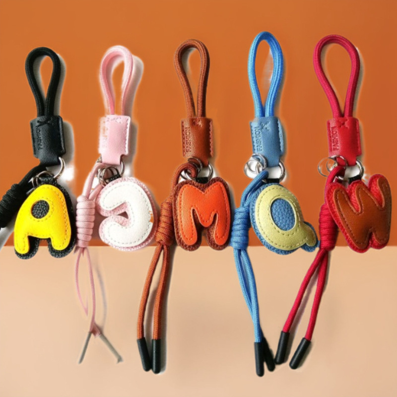 [Customized] Keychain English Letters Leather Dopamine Bag Pendant Small Ornaments Braided Rope Accessories Gift