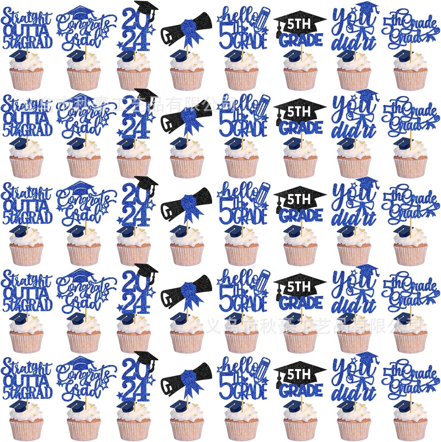 40 piezas de cupcakes de graduación, 2024, brillo azul, decoración de fiesta de graduación de quinto grado, nuevo estilo