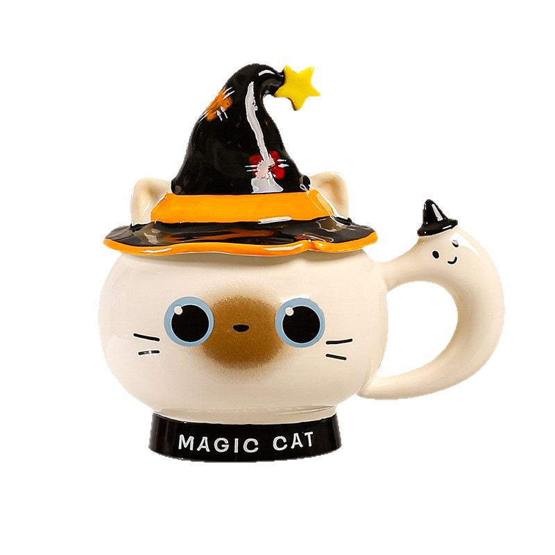 Bonito extraño sombrero mágico gato taza de cerámica de alto valor facial taza de agua con cuchara cubierta regalo de cumpleaños creativo