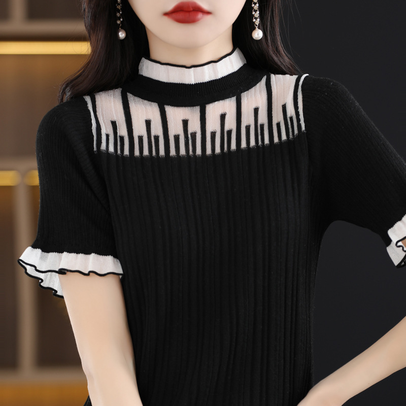 블랙 화이트 레이스 반소매
