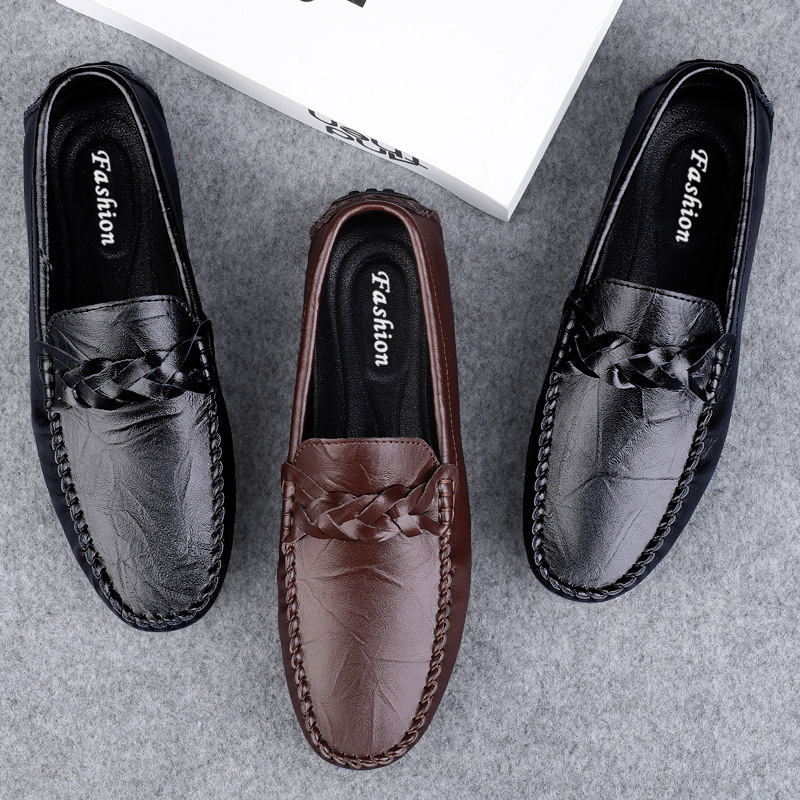 Transmisión en vivo de los zapatos Bean Bean para hombres de cuero de vaca transfronterizos de alta calidad de un pie para hombres de cuero suave con suela suave zapatos de cuero casuales de moda