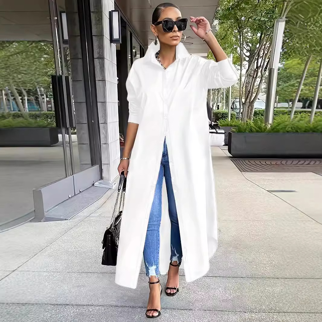 Plus Size Women's Clothing 2024 Cross-border Autumn/Winter Fashion Casual Solid Color Long Shirt Loose Long Sleeve Extra Large Size Japanese and Korean Casual