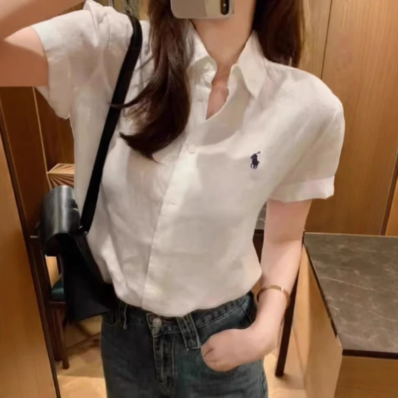 Five-Color Export Scanable Linen Horse Embroidery Short-Sleeved Casual American Shirt Shirt for Men and Women 25