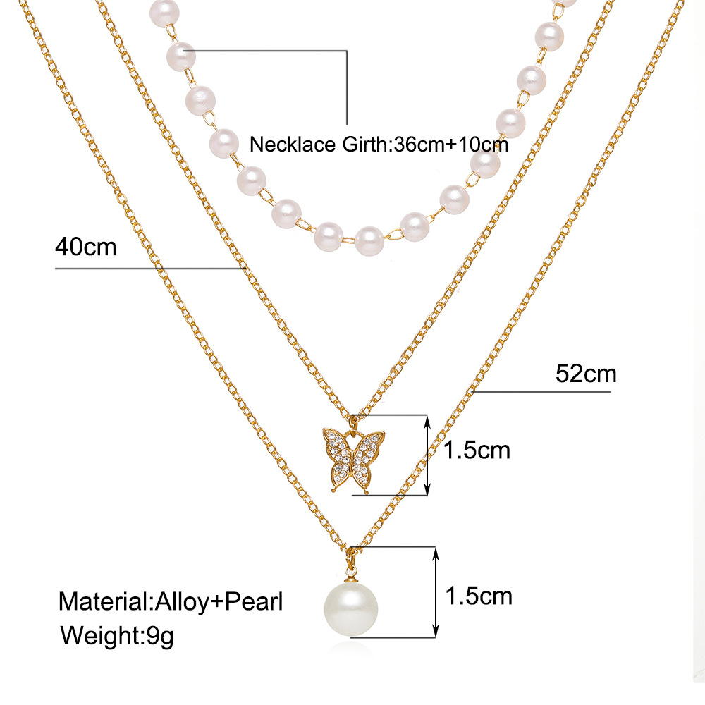 Moda creativa retro simple perla diamante mariposa colgante collar de tres capaspicture1