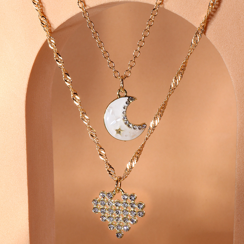 2022 Spring New Diamond-studded Heart Moon Pendant Double-layer Necklace display picture 4