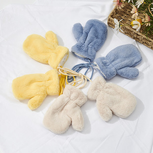 Autumn and Winter New Korean-style Solid Color Children's Plush Mittens Light Panel Warm Thickened Halter Gloves for Children