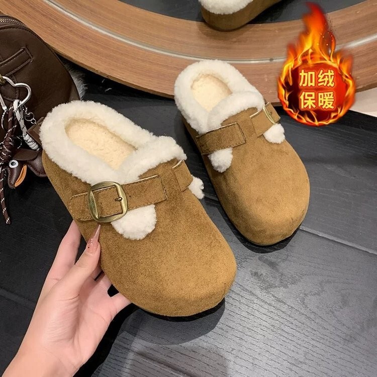 Thick-soled, fleece-lined Birkenstock-style slippers with plush toe covers, women's outdoor wear, 2026 new winter snow boots, half-slipper style