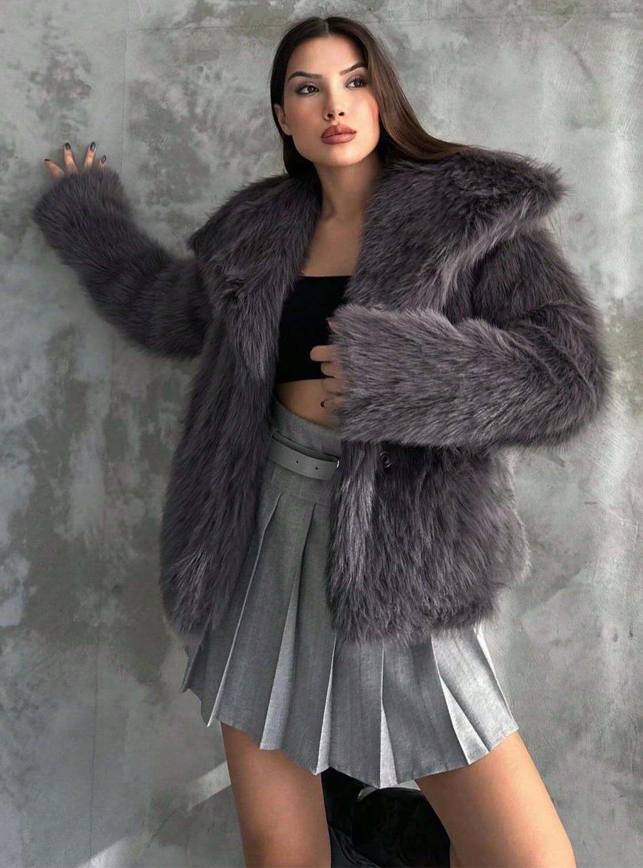 1743g Weight Faux Fur Coat Outerwear Type Long Sleeve Sleeve Length Polyester Fabric Type Regular Top Length Coat Tops Type Daily Occasion Turndown Neckline Loose Fit Type Solid Color Pattern Winter, Spring, Autumn Season Women's Gender Elegant Style Wine Red Color Women's Elegant Solid Color Coat Faux Fur Coat 8
