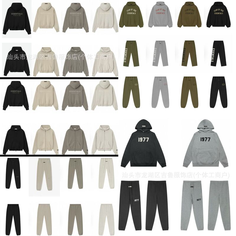 ESSENTIALS Cross-Border American Street Style Fleece-Lined Round-Neck Letter Print Sweatshirt Loose Fit Unisex Flocked Pullover Set ESSENTIALS Cross-Border American Street Style Fleece-Lined Round-Neck Letter Print Sweatshirt Loose Fit Unisex Flocked Pullover Set