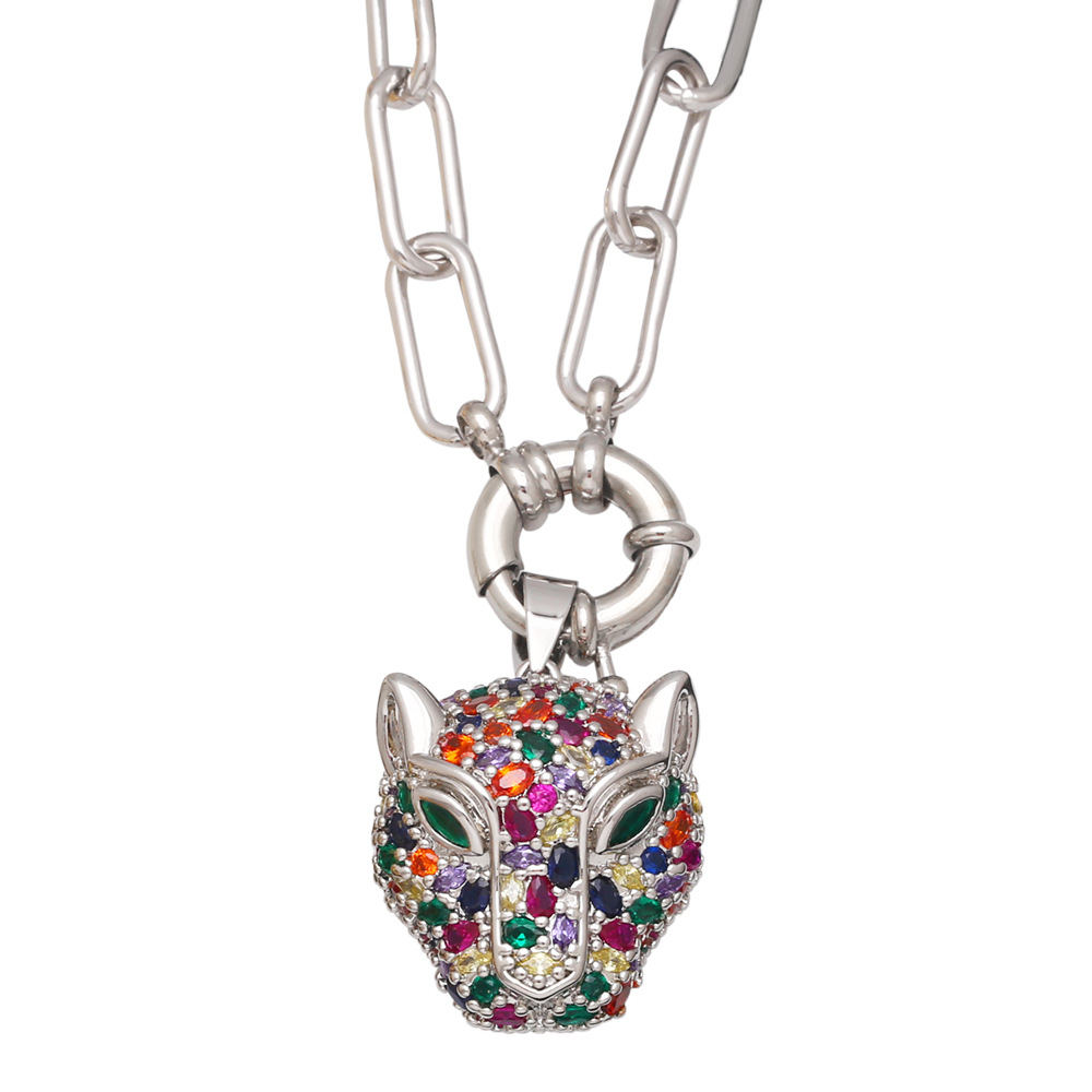 Hip Hop Copper 18K Gold-plated Inlaid Color Zircon Leopard Head Pendant Necklace