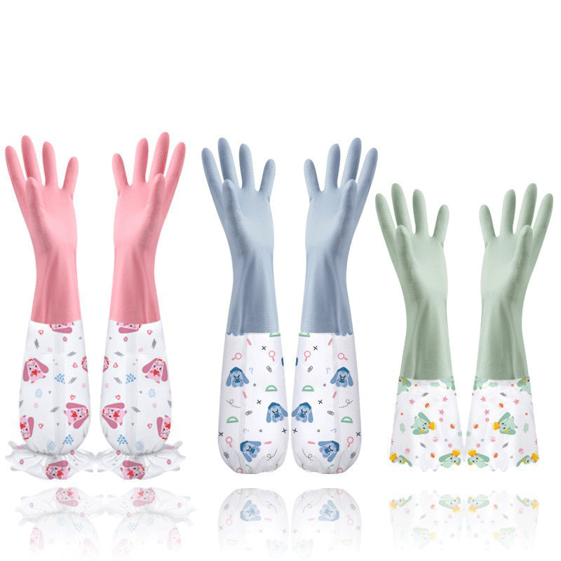 Guantes de lavado de platos de cocina más veludo grueso de goma látex guantes de lavado de ropa impermeable guantes de calor alargados