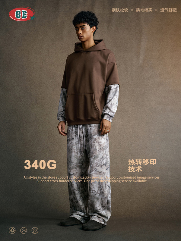 BE男装|2025秋季美式潮牌假两件迷彩套装卫衣T恤休闲长裤两件套男|undefined