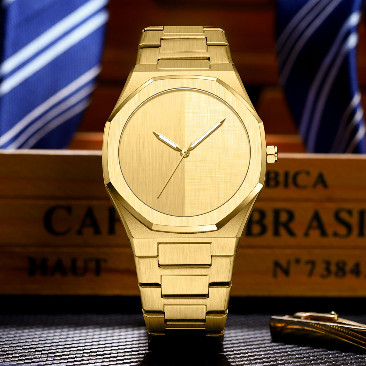 Gold Octagonal Watch For Men Trendy New Quality Royal Wristwatch With Steel Strap Quartz Movement_voghion.com