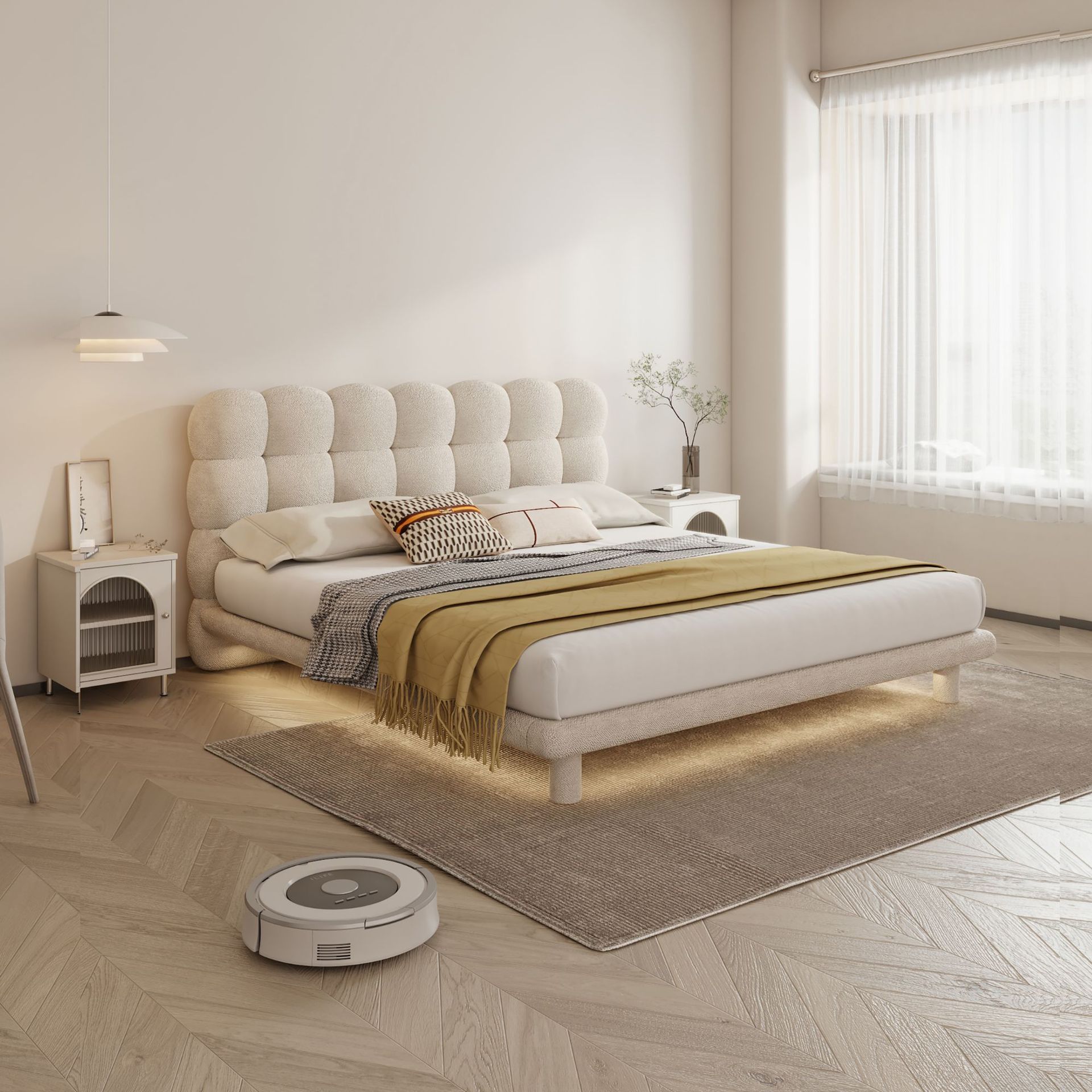 Cama de burbuja de crema francesa Cama de tela de cachemire Cama doble moderna simple Cama de princesa roja en línea Cama infantil