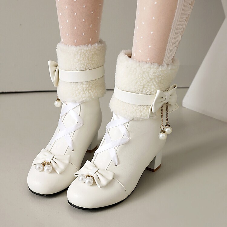 [New Style] Lolita Cosplay Women's Shoes Export Large and Small Size Women's Boots 34-48 Fluffy Plush Warm Short Boots