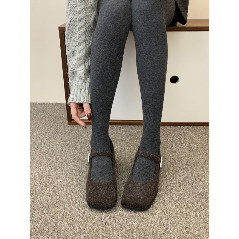 灰色玛丽珍毛毛鞋女冬外穿新款法式复古呢子粗跟单鞋女加绒高跟鞋|undefined