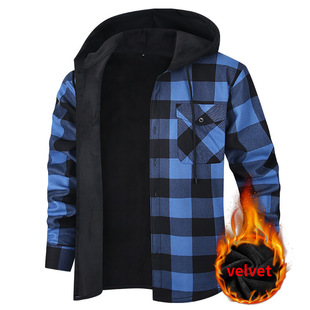 2025 Autumn and Winter Popular Hooded Velvet Thickeneded Men's Shirts Plaid Flannel Thermal Shirts Tops Men's Clothing Wholesale