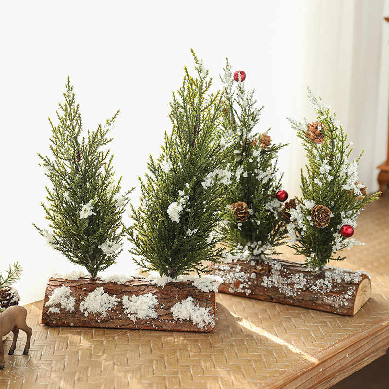 Mesa con nieve árbol de Navidad doble árbol estaca inferior imitación pinos cedro aguja mini decoración de árbol de Navidad