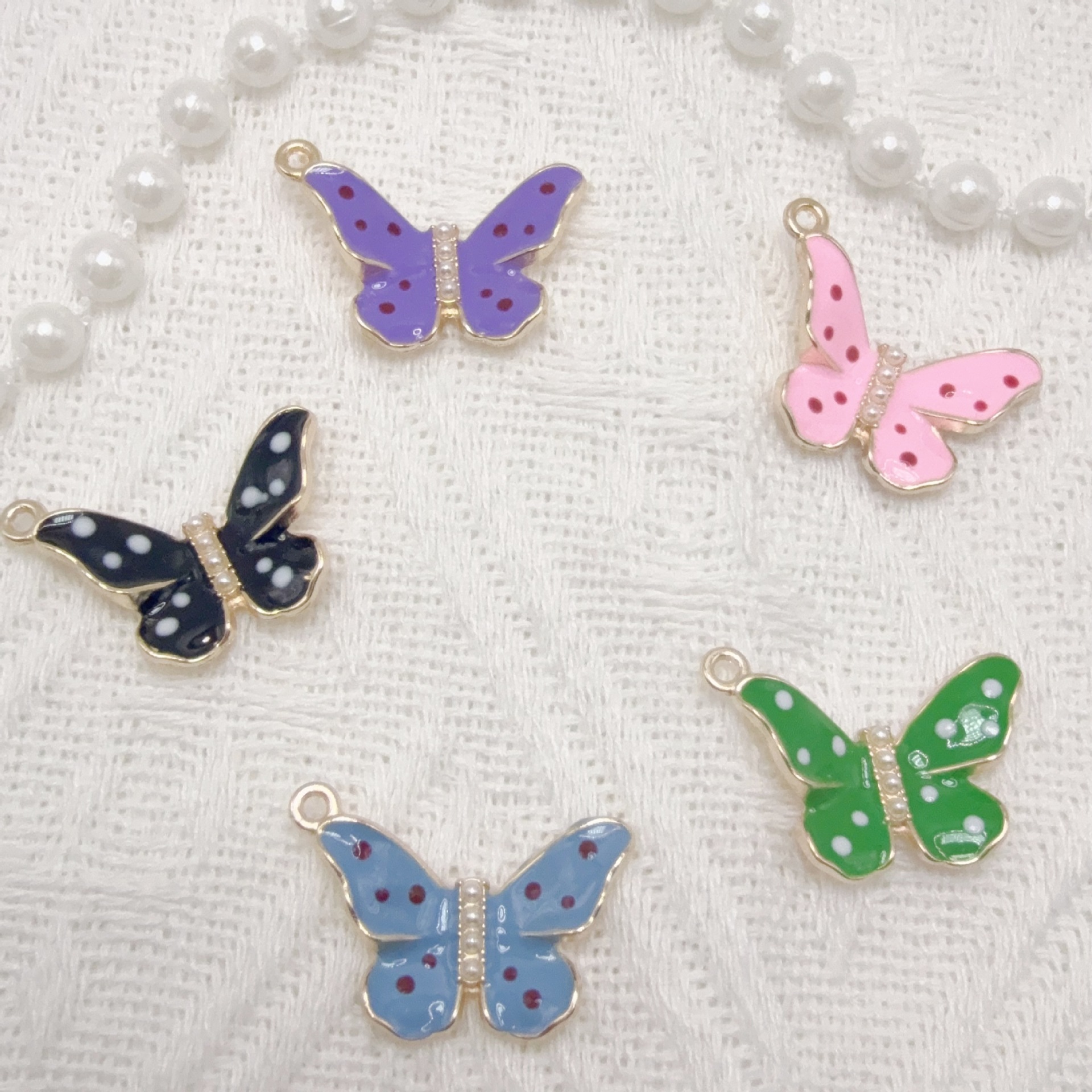 精致小巧珐琅彩珍珠蝴蝶首饰合金镶钻油画DIY饰品配件项链美甲手