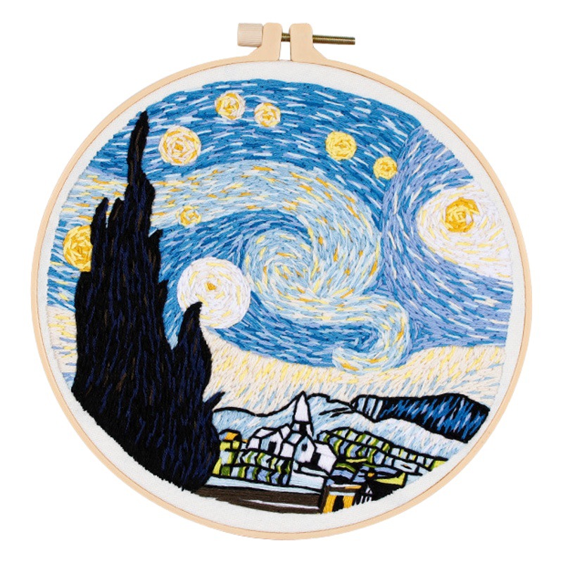 Van Gogh estrellado cielo DIY bordado hecho a mano paquete material costura traje estilo europeo paisaje estrellado cielo onda bordado tela impresión imagen