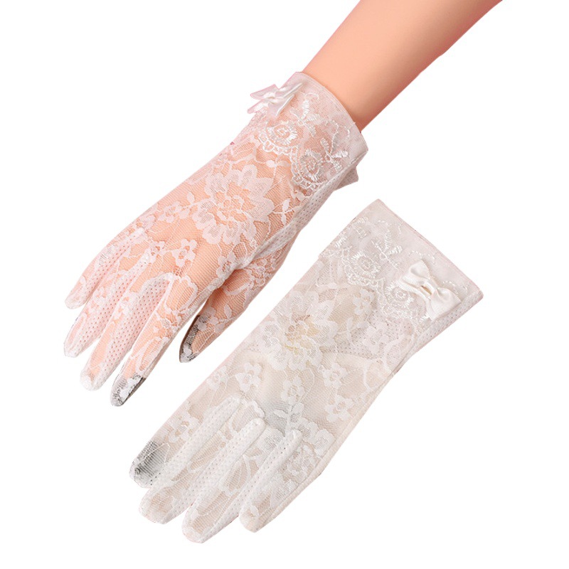 Al por mayor guantes de protección solar de las mujeres de verano de encaje fino pantalla táctil conducción al aire libre coche eléctrico guantes de seda de hielo novia