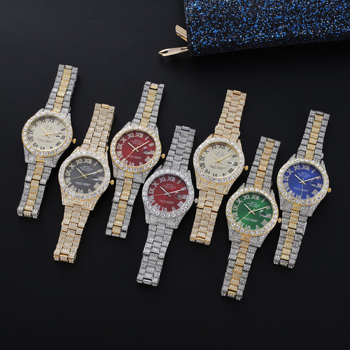 Internet celebrity diamond-faced Roman scale steel band watch, men’s calendar quartz watch, men’s baby’s breath watch