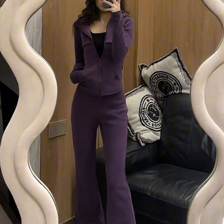 This Year's Popular Purple Sports Suit for Women in Autumn New Slim Fit Zipper Hooded Sweatshirt Bootcut Pants Cross-Border