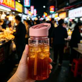 水果茶专用透明直筒塑料吸管杯单层提手设计大容量便携水杯