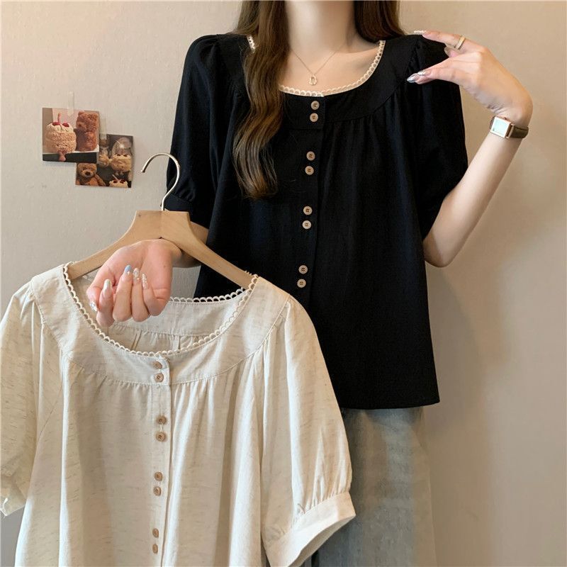 Plus Size Sweet Lace Splicing Right Shoulder Short-Sleeved Shirt for Women in Summer Fat mm Loose Slimming Look Belly-Covering Age-Reducing Top