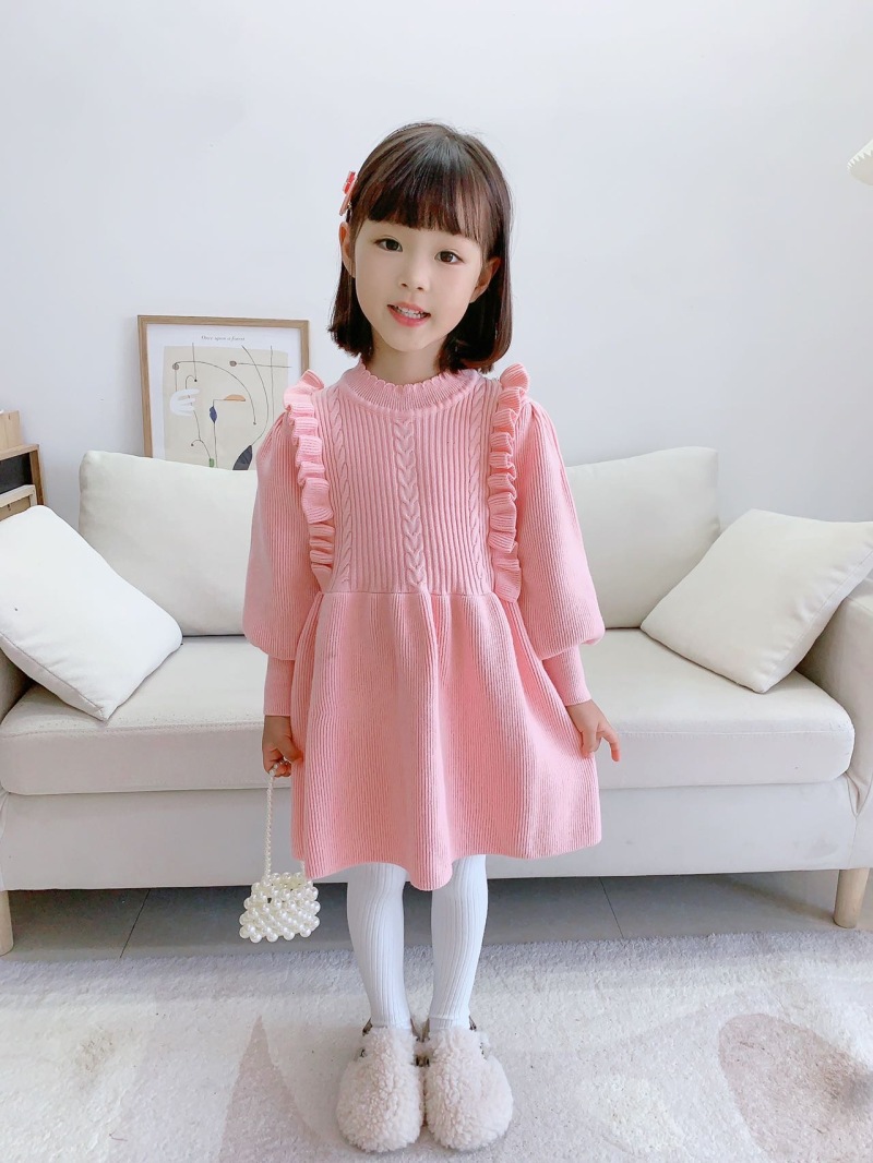 Girls Knitted Dress Autumn Winter Solid Colour Long Sleeve Style_voghion.com