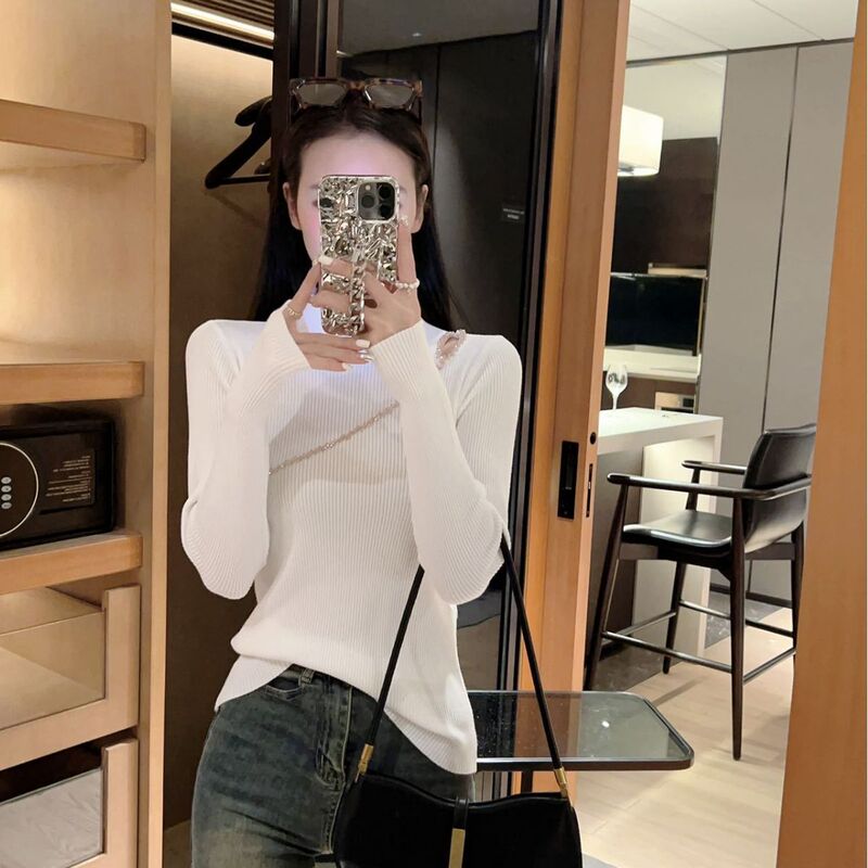 Half-Turtleneck Sweater, Hand-Knitted, Hollow-Out, Autumn and Winter Inner Wear, Versatile, Stylish, Slim-Fitting Women's Base Shirt, Long-Sleeved