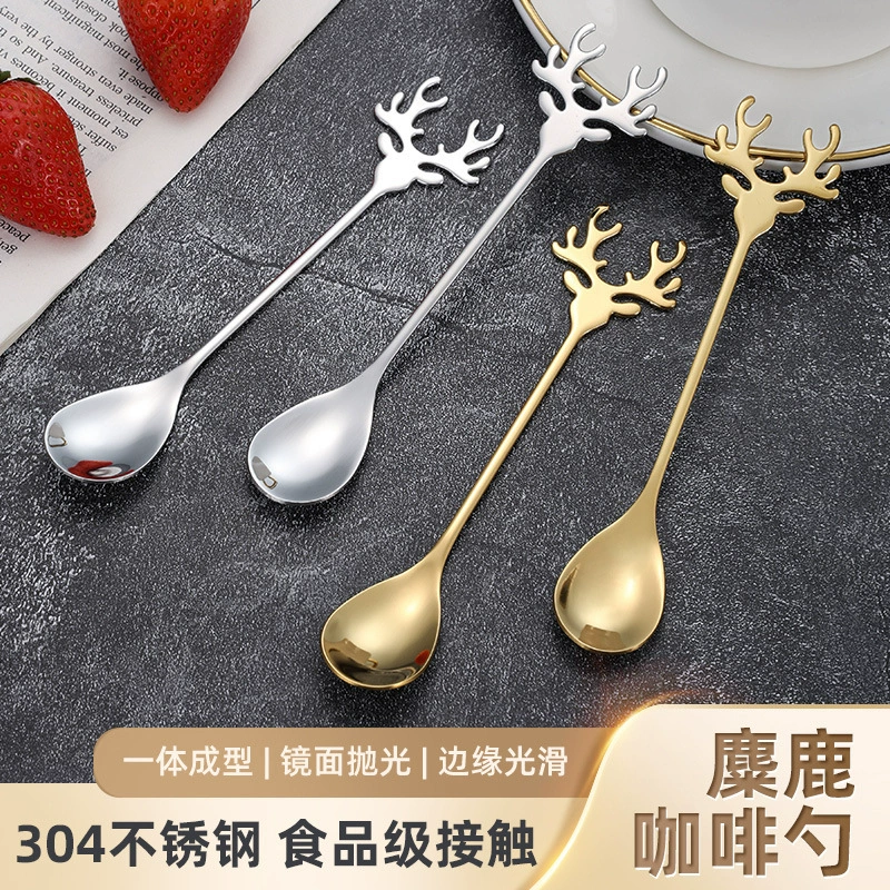 Ложка из нержавеющей стали 304, рождественская ложка с лосем, мультяшная ложка для перемешивания кофе, десертная ложка, креативная ложка с оленем, подарочная посуда