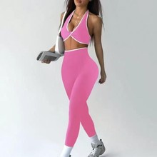 螺纹撞色挂脖文胸蜜桃臀高腰长裤瑜伽服套装运动健身服女吸湿排汗