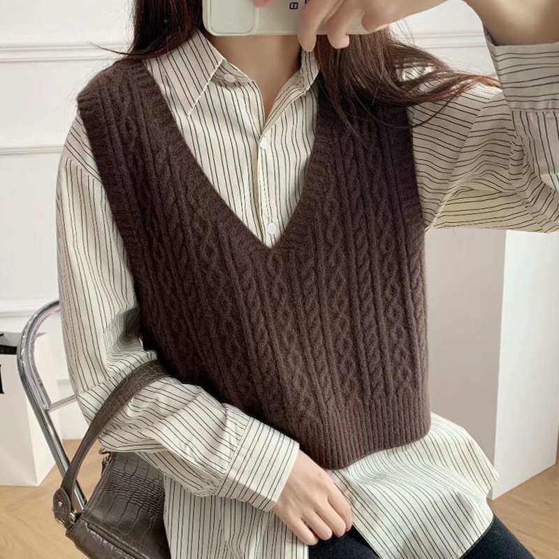 Otoño 2023 chaleco de punto con cuello en v retro de las mujeres apiladas a juego flojo estilo perezoso patrón de lino suéter corto image 3