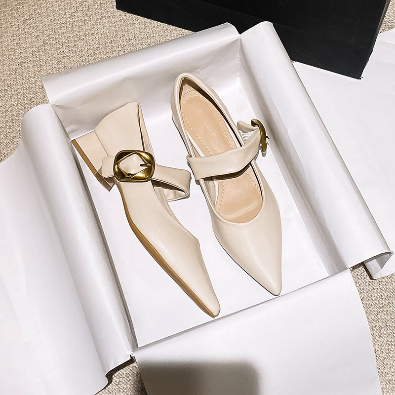 Soft Leather Women's 2025 Summer New Pointed Toe Shallow Mouth Chunky Heel Comfortable French Style One-Strap Mary Jane_vogvips.com