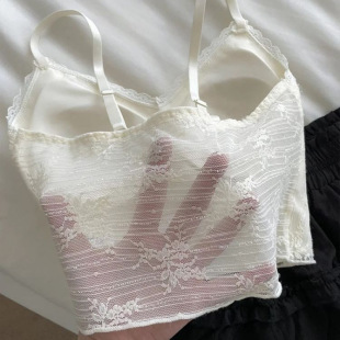 French-Style White Lace Beautiful Back Vest Bra Integrated Camisole for Women with Chest Pads, Sexy Slightly Sheer Tube Top for Suit Inner Wear