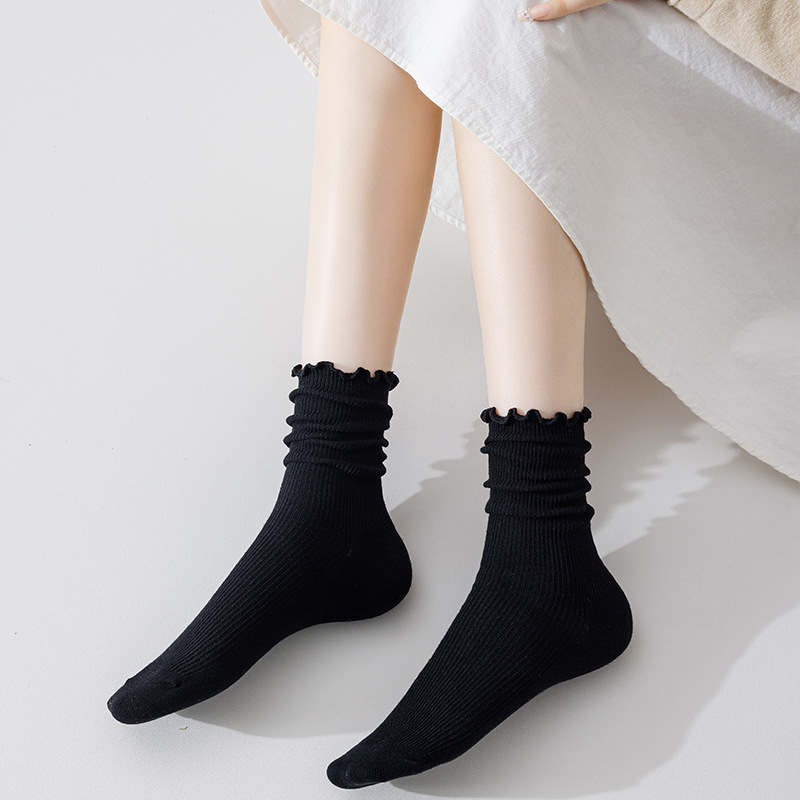Damen Crew Socken Mit Wellensaum Für Herbst Und Winter Einfarbig_voghion.com
