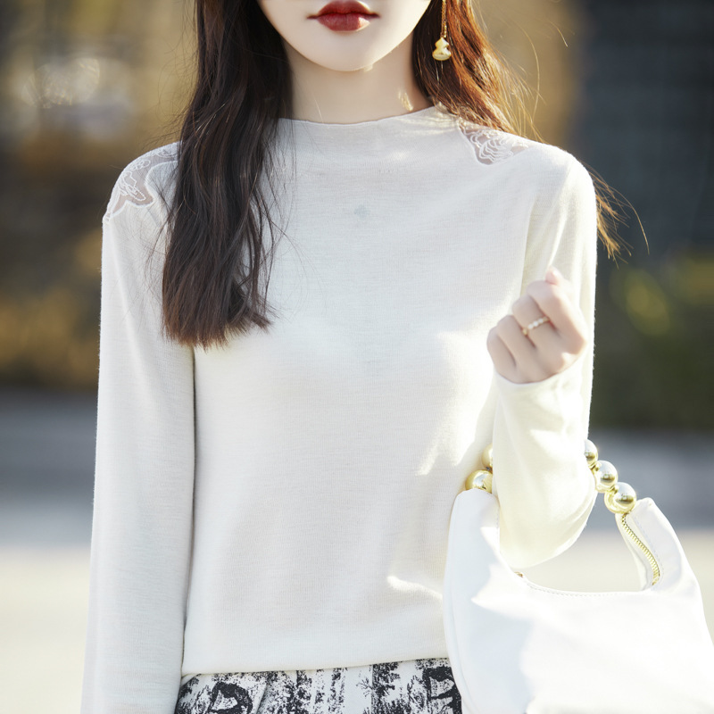2025 spring new 100 worsted wool semi-high collar sweater long sleeve shoulder hollow pullover base shirt