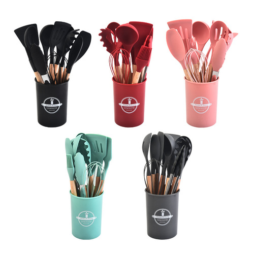 Silicone Kitchen Utensil Set of 12 Pieces for Home Use, Wooden Handle Silicone Kitchen Utensils, Multi-Purpose Combination Cooking Spatulas and Knives