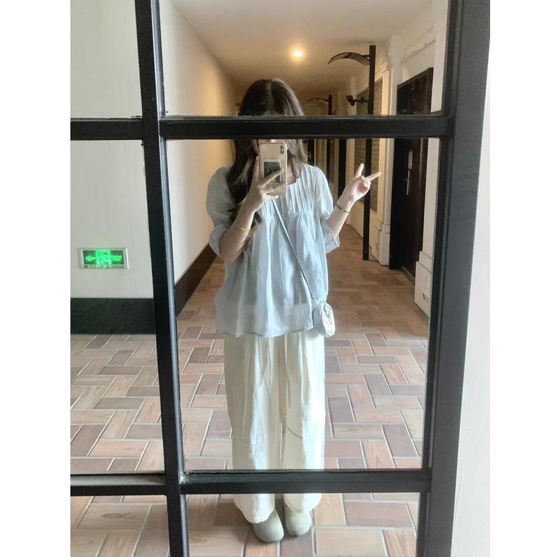 Mengxiang ▏ クリアで波状のラミーの軽くて薄いグレーとブルー/ライトグリーンのトップスクエアカラーシャツベビードールシャツ|undefined