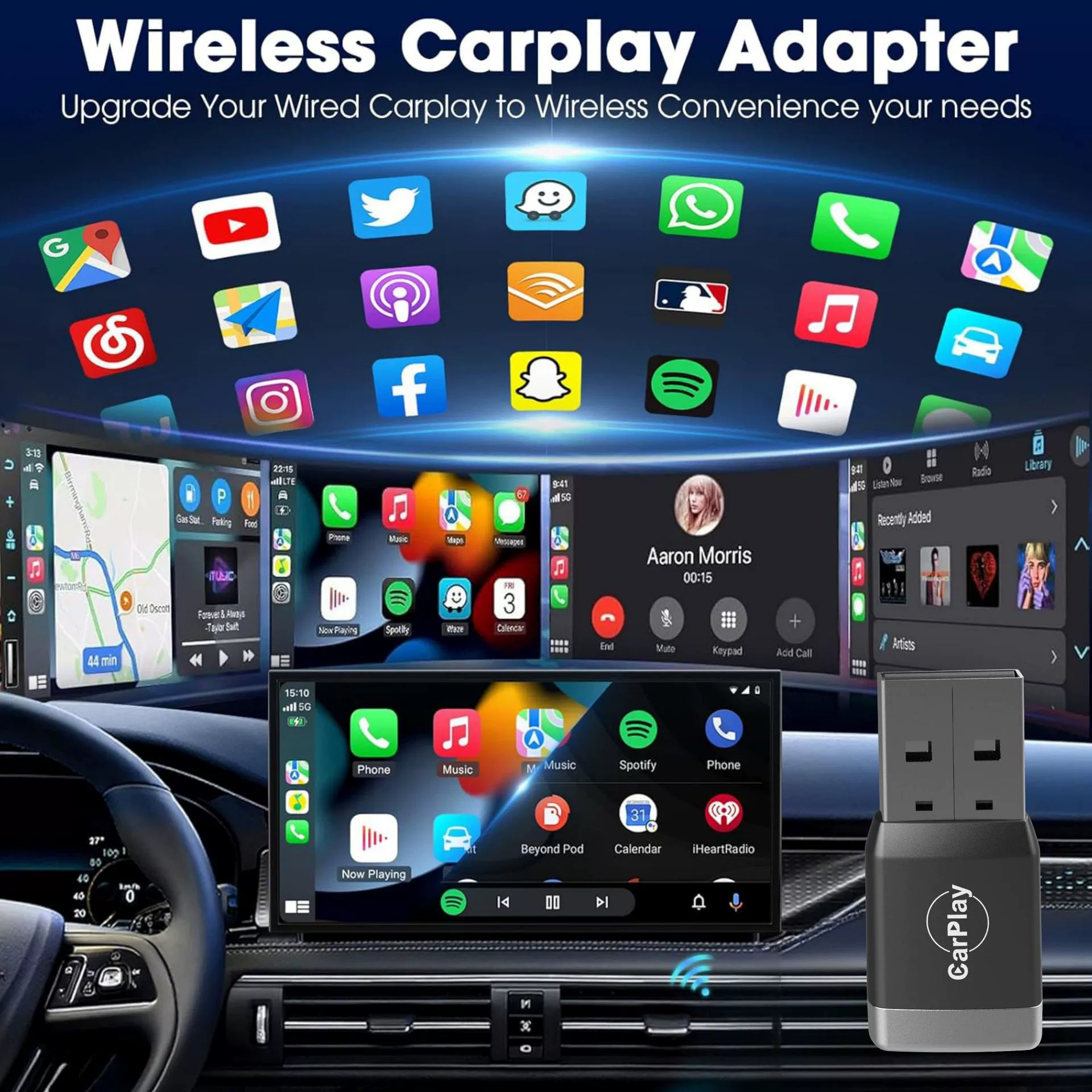 Беспроводной CarPlay USB 2-в-1 для автомобиля, Apple и Android Auto, 2-в-1 отражение экрана, заграничная связь с YouTube