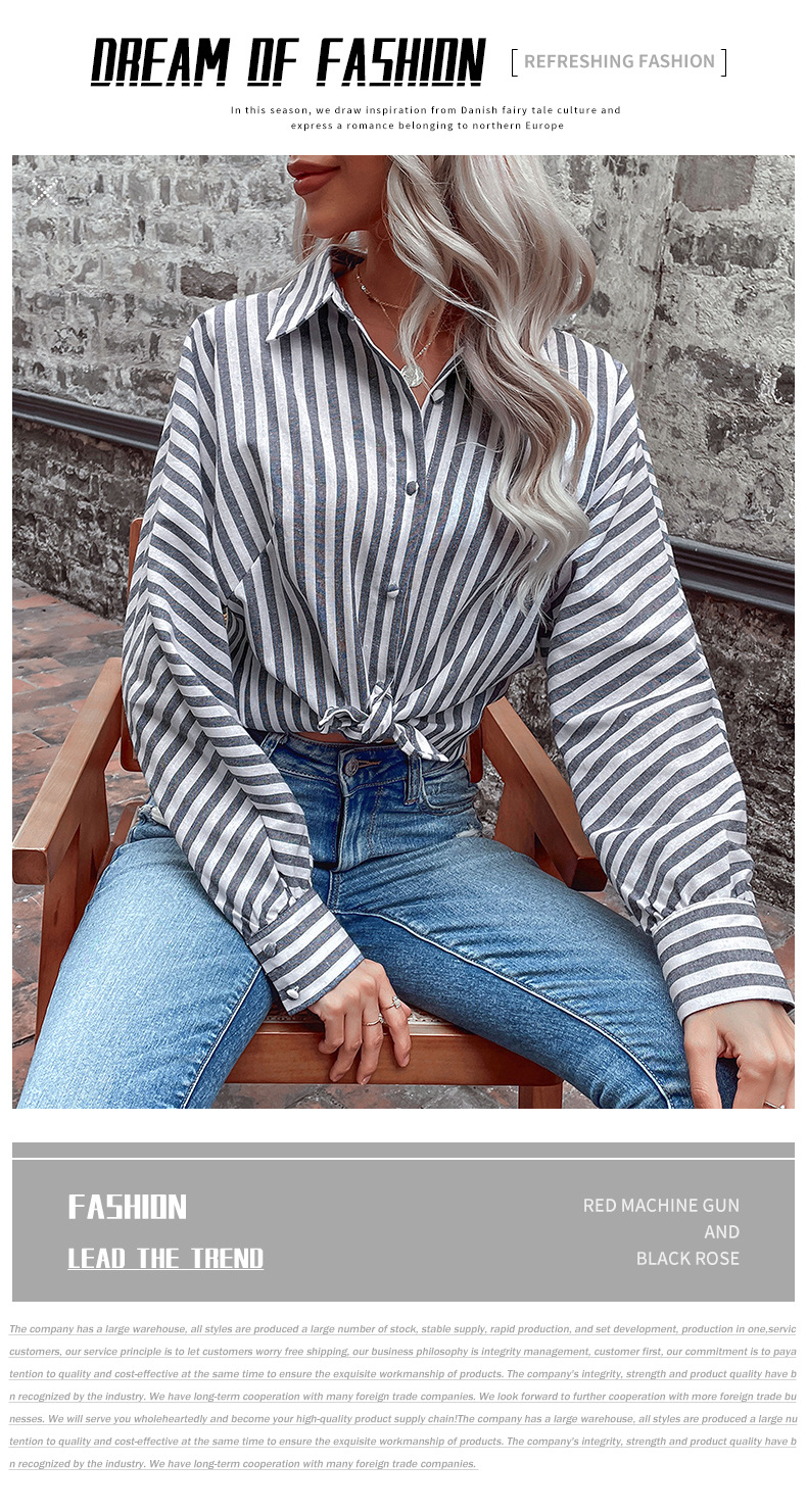 Gestreiftes Strickjacke Langarm-Poloshirt für Commuter Damen_voghion.com