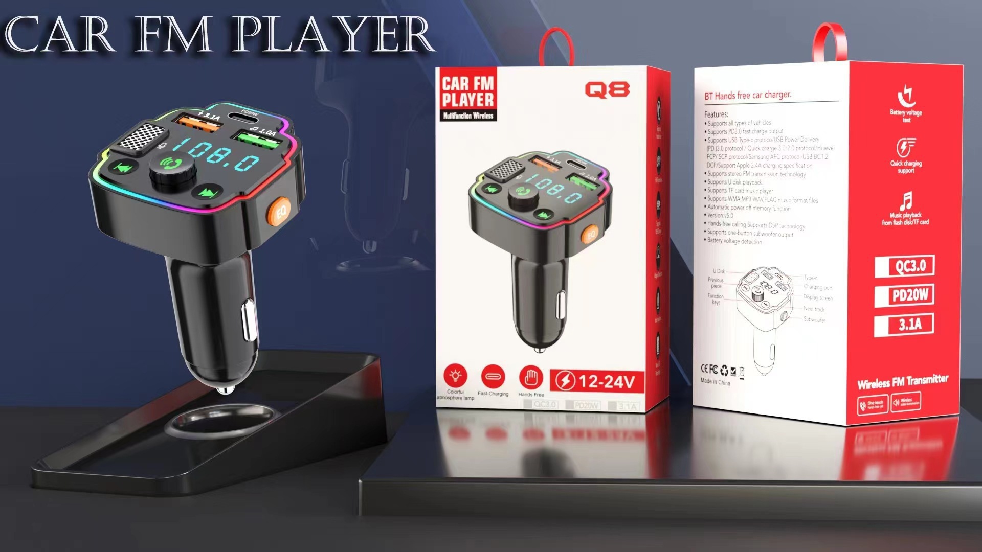 Q8 Car Mp3 Bluetooth Player Card/U Disk Lossless Sound Quality Hands-Free Call Fm Transmitter Car Mp3