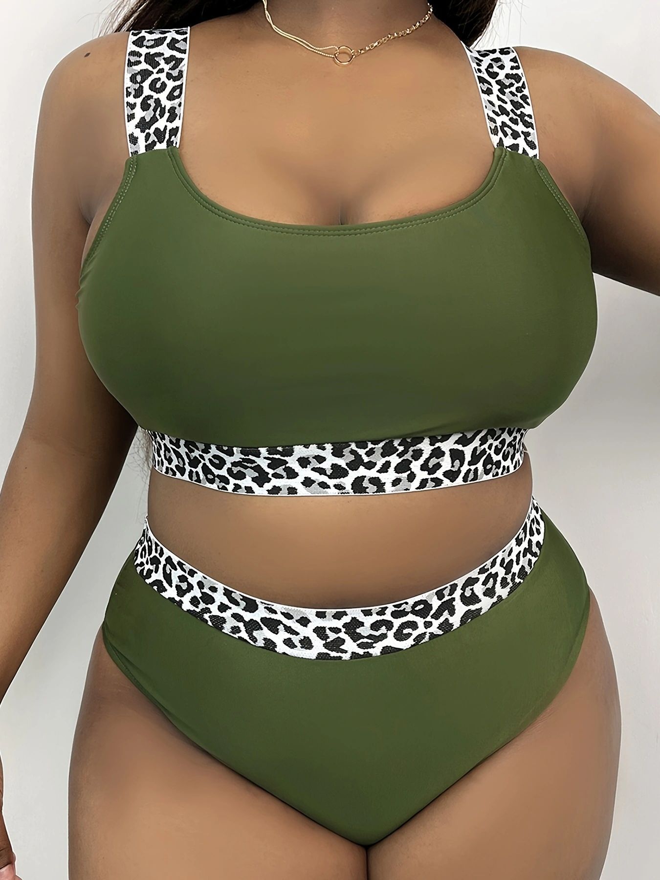 New European American Style Plus-Size Tank Top Bikini With Solid Color And Leopard Print, High-Waisted, Popular On_ecoleips.com