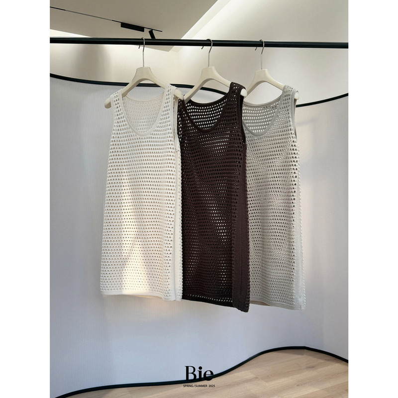 Bian also Bie Atmosphere Hollow-out Blouse Long Loose Sleeveless Top Women's U-Neck Knitted Vest for Outer Wear