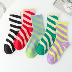 女襪子女長筒ins潮流襪四季款斜寬條紋拼色百搭中筒女襪棉襪跨境
